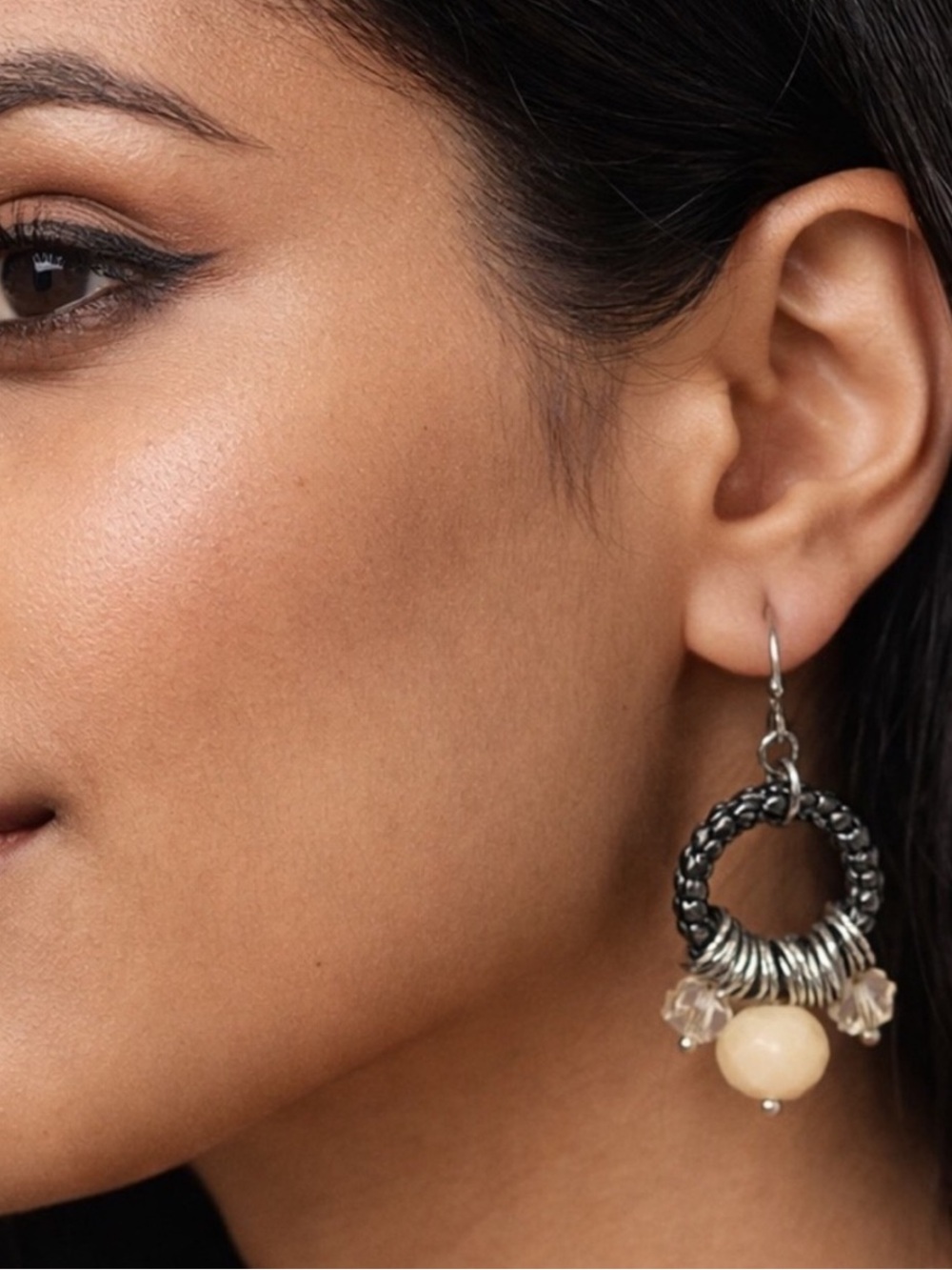 Handcrafted Silver-Tone Hoop Earrings with Cream Bead